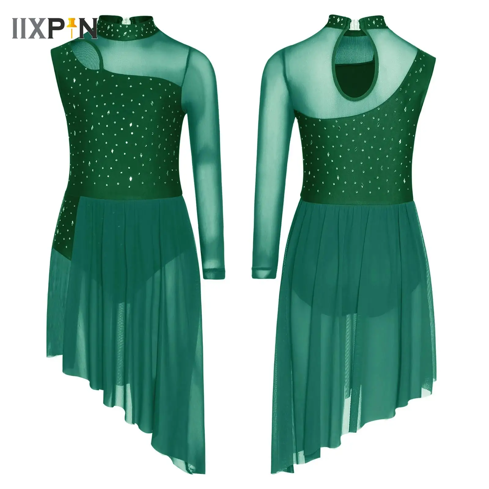 

Kids Girls Ballet Dance Dress Color Block Mesh Split Lyrical Leotard Figure Skating Gymnastics Jersey Stage Performance Costume