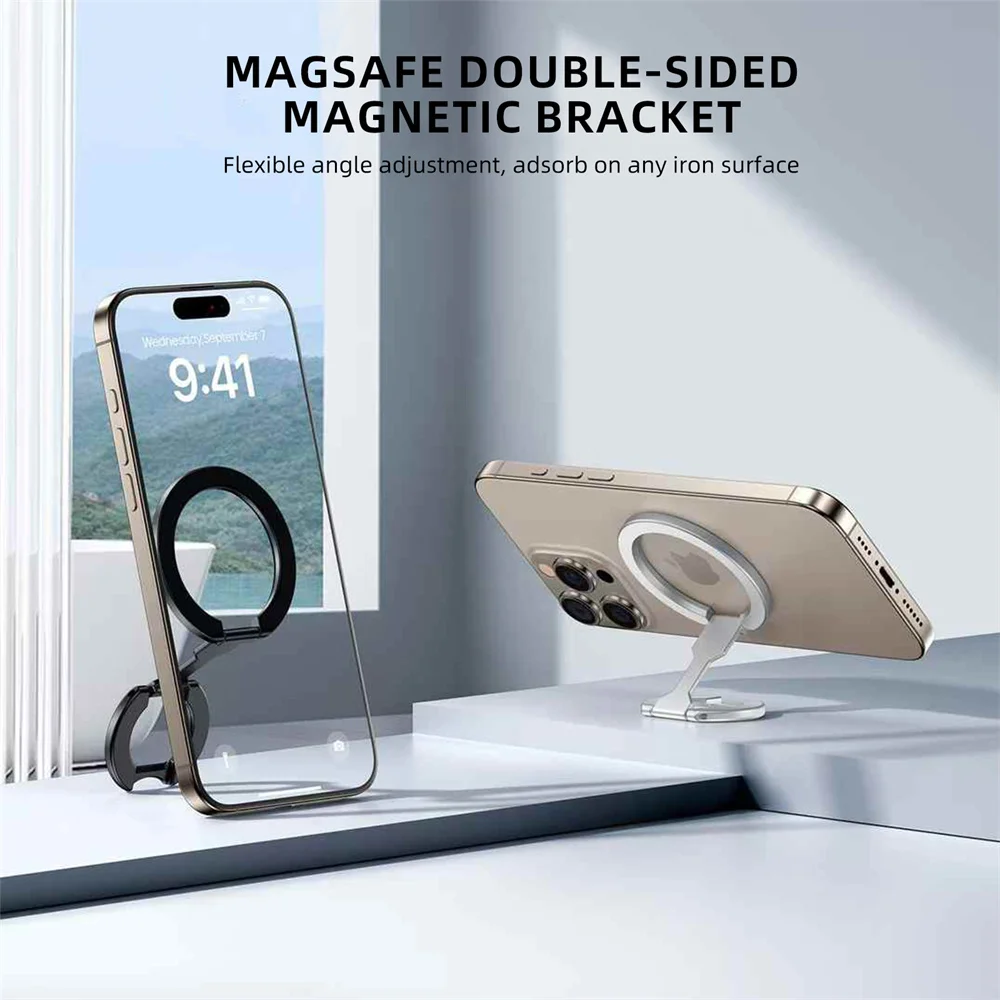 Двусторонний держатель для телефона MagSafe 2025 для iPhone 14/15/16, складная вращающаяся на 360° подставка с сильным магнитом и поддержкой ручки для пальцев