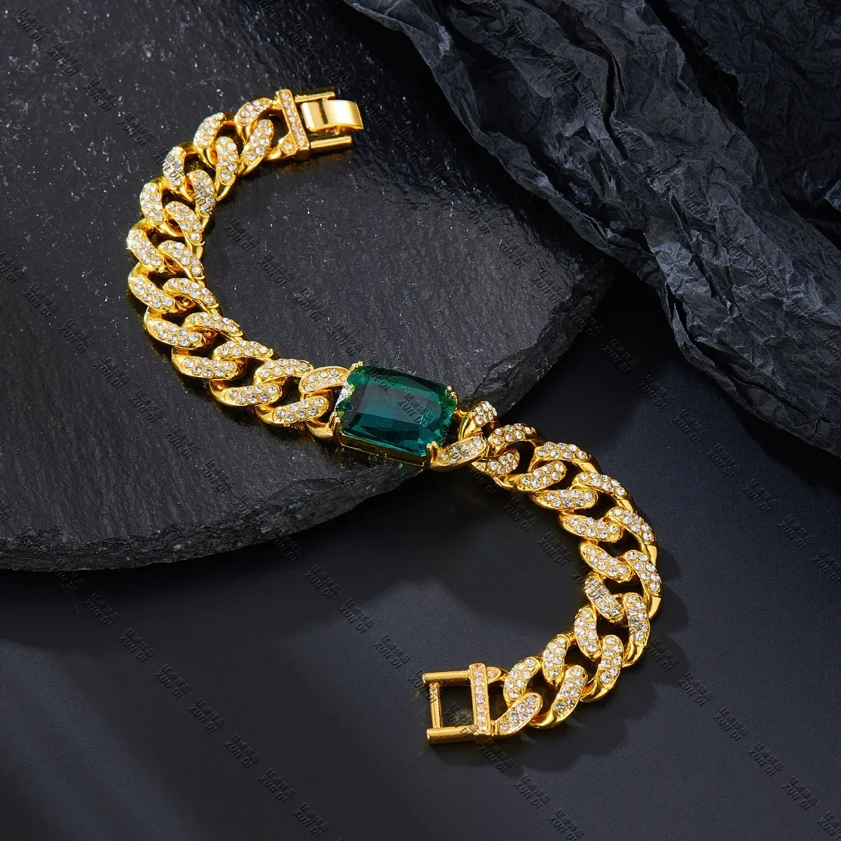 13mm Dog Cat Chain Big Green Rectangle Diamond Miami Cuban Link Walking Metal Collar Jewelry Accessories For Medium Big Pets