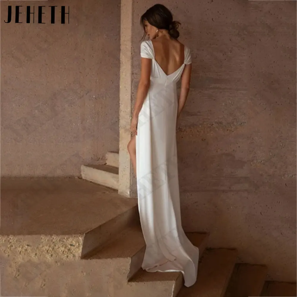 JEHETH V-Neck Satin Mermaid Wedding Dresses Cap Sleeves Backless Bride Gown Side Slit vestido elegante feminino luxo Custom Made