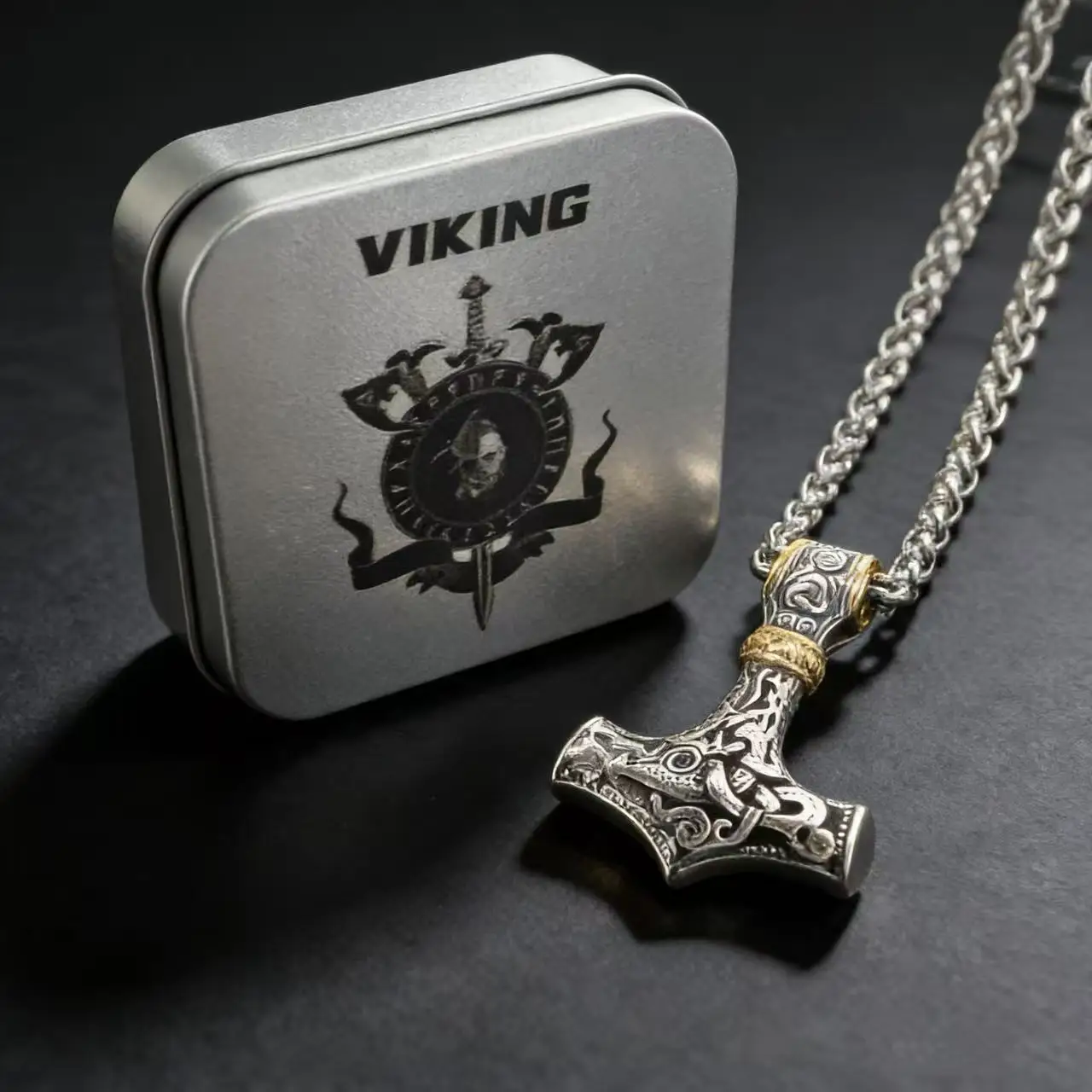 316L Stainless Steel Nordic Odin Viking Rune Pendant Chain Necklace For Men Vintage Mjolnir Jewelry Accessory Gift Box