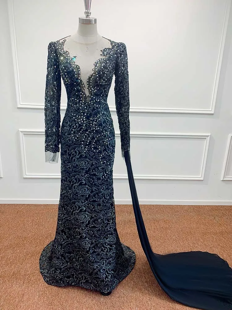 Black Lace Evening Dresses For Women 2024 Mermaid V Neck Elegant Beading Crystal Vestido De Fiesta Wedding Party Gowns Formal