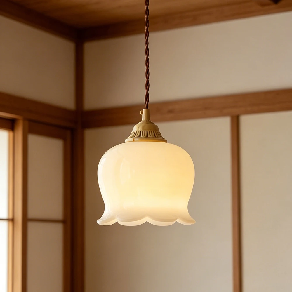 Brass Resin Bell Flower Pendant Light Mini Hanging Lamp for Bedroom Bedside Decor