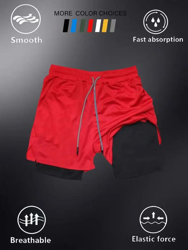 2026Men's Sports Professional Double-layer Shorts Fitness Tight Fitting High Elasticity Quick Drying Sweat Absorption Breathable