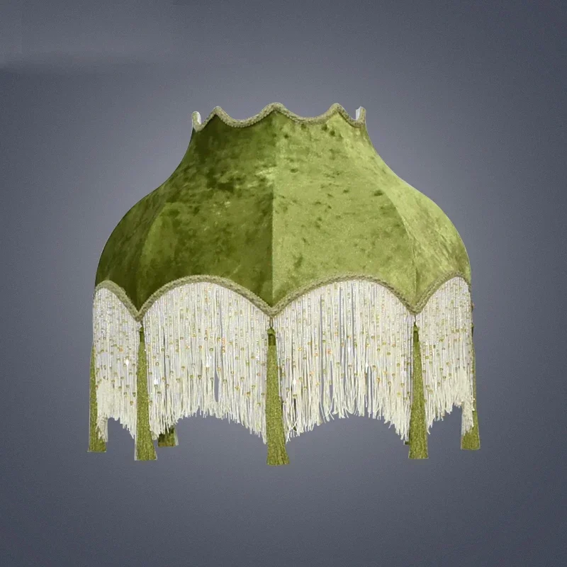 Grass Green Cloth Lampshade Floor Lamp Table Lamp Velvet Bead Chain Fringe Hanging Ear Study Living Room E27