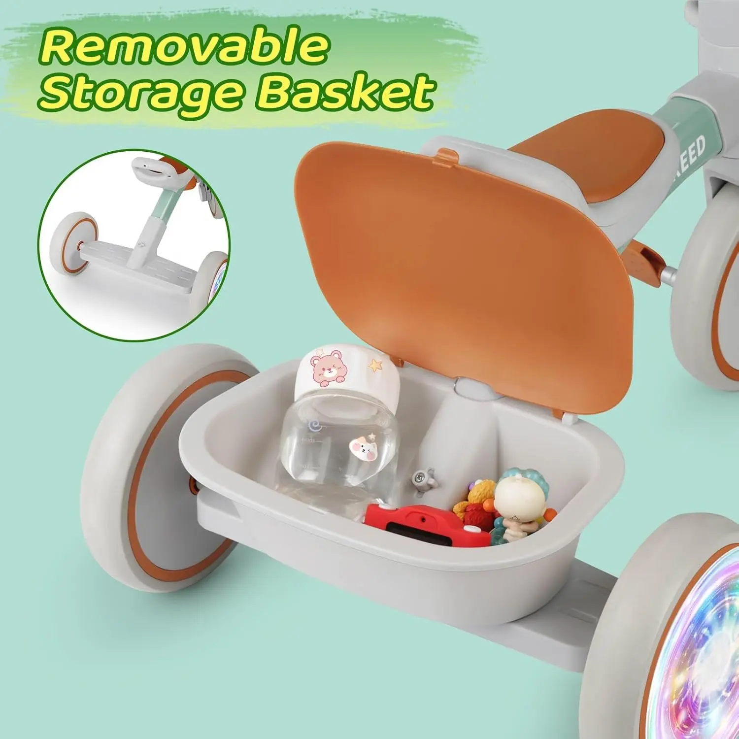 調節可能なシートとハンドルバー付きの幼児用三輪車,取り外し可能なバスケット,2〜5歳の男の子と女の子への誕生日プレゼント,カラフルな照明