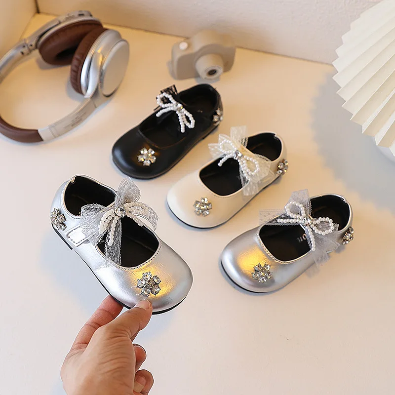 

Girls' Lace Bow Leather Shoes Fashion Crystal Flower Children's Princess Shoes 2025 Autumn Children's Baby Casual Leather Shoes