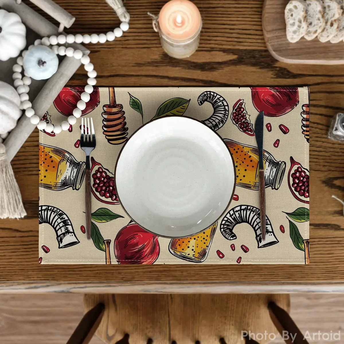 Rosh Hashanah Pomegranate Honey Linen Placemats Jewish Holiday Decor Reusable Kitchen Dining Table Mats Shana Tova Decorations
