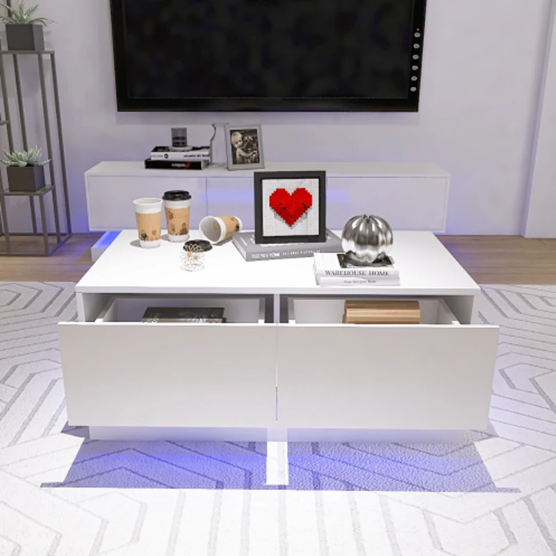 High Glossy Coffee Table with 2 Drawers have RGB Led Light with Buletooth Control White