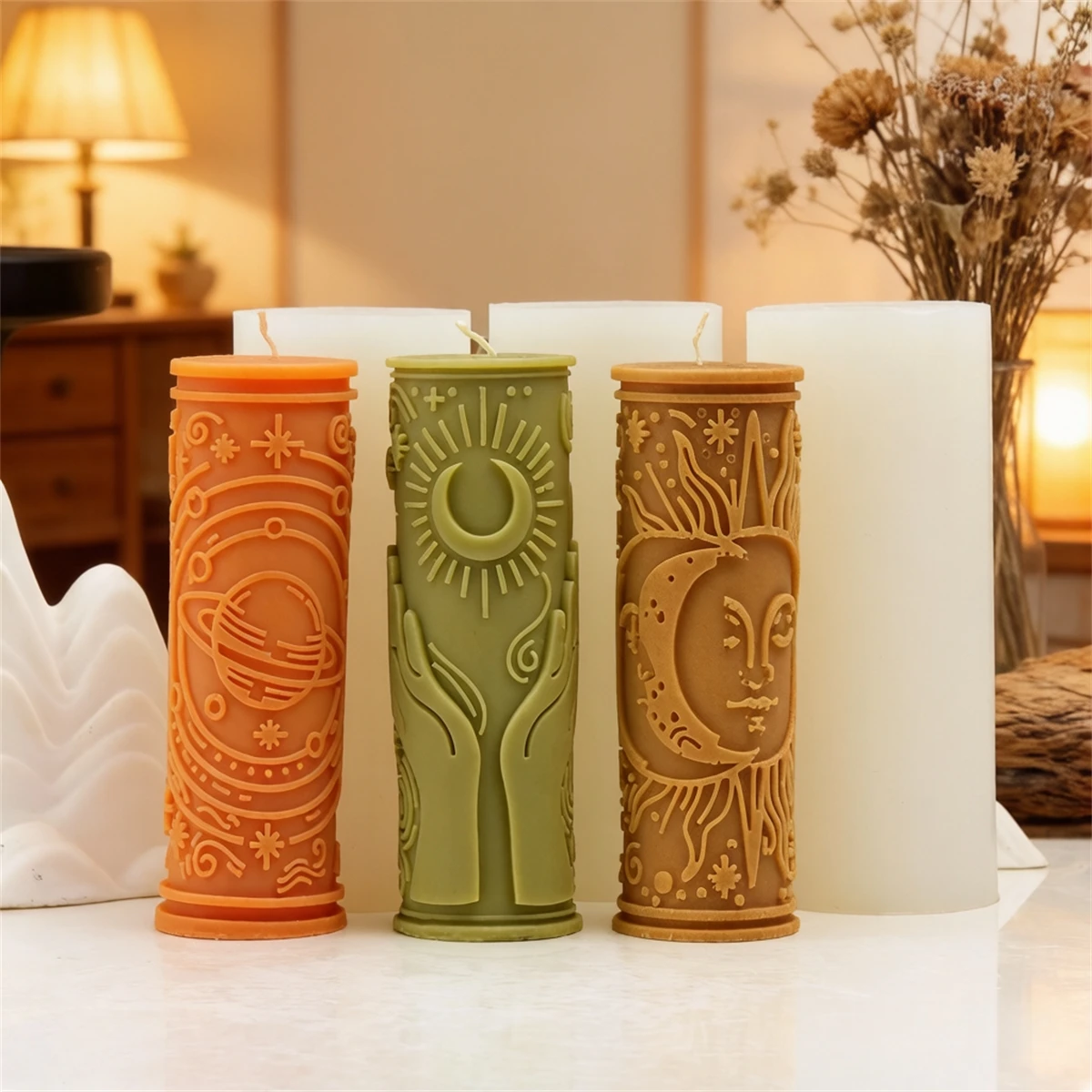 3D Relief Sun Moon Star Pillar Candle Mold Silicone Astrology Witchcraft Candle Making Mould for DIY Soy Wax Candles Home Decor