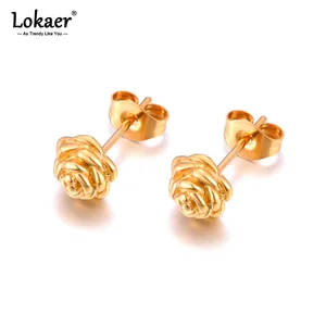 LOKAER Fashion 316l Pendientes de plantas de rosas de acero inoxidable para mujeres Accesorios de joyas de boda reales de oro de 18k E24033 12 mejores ventas de oro Rose Rose - №8
