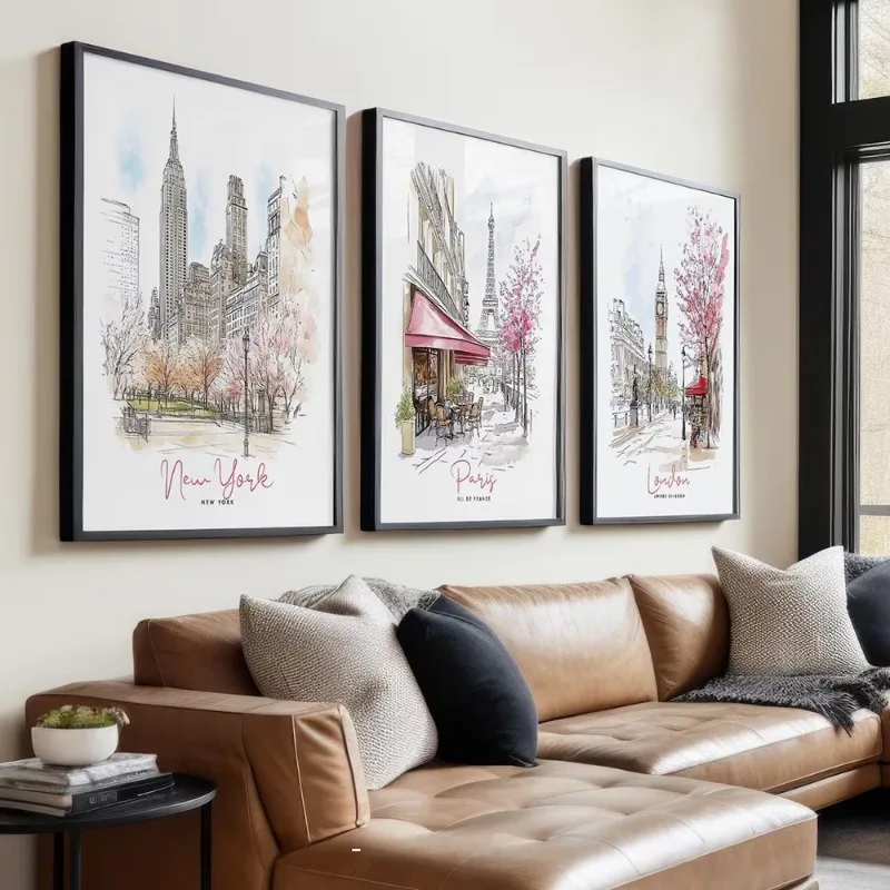 Juego de 3 impresiones de Nueva York, Londres, París, carteles de paisajes urbanos, tríptico, arte de pared, decoración del hogar, arte en lienzo sin marco, póster decorativo de pared