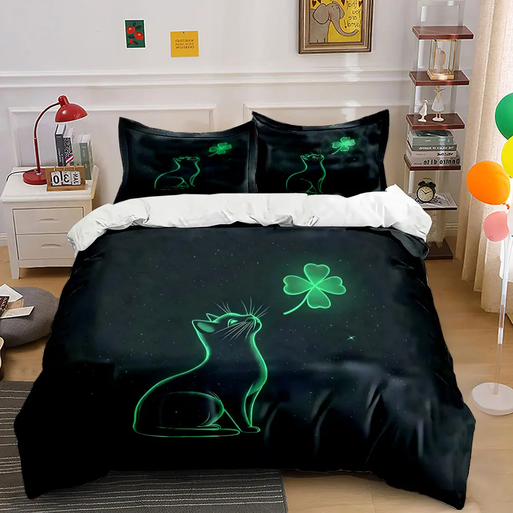 Glowing cat and clover in night sky Printed Duvet Cover Set 1 Duvet Cover+2 Pillowcase Multi Size Bedroom Bedding Decor