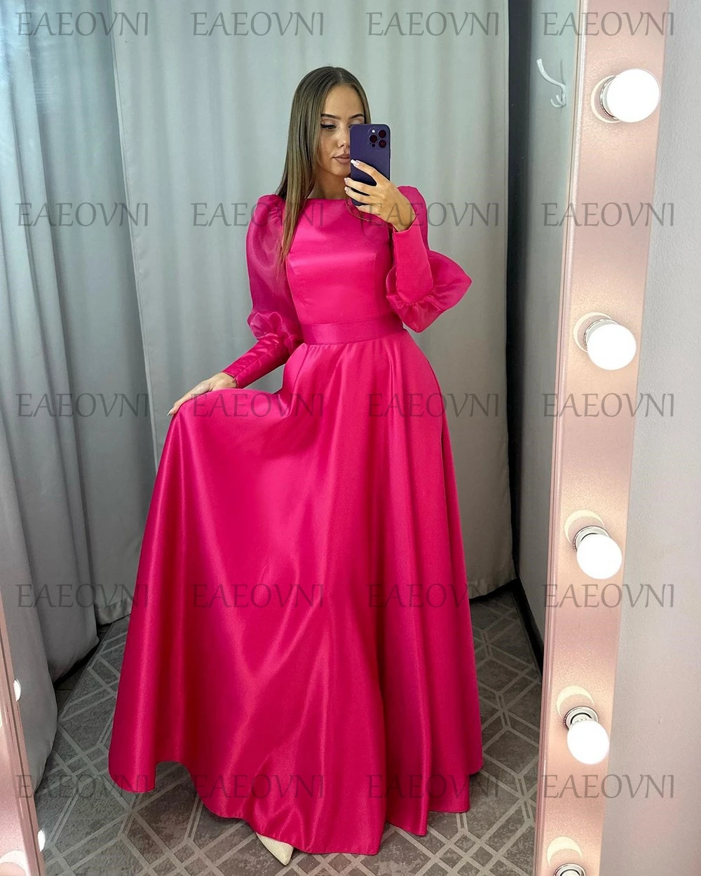 Customized Long Sleeve Evening Gown Solid Color Round Neck Middle Eastern Dress Prom Dresses A-line Muslim Clothing فساتين سهرة