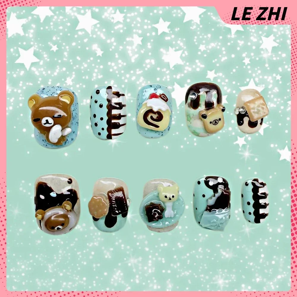10Pcs Sweet Rabbit Rilakkuma Cat Handmade Ellipse Full Cover Nail Wings Star Pearls Musical Notes Colorful Diamond Press On Nail
