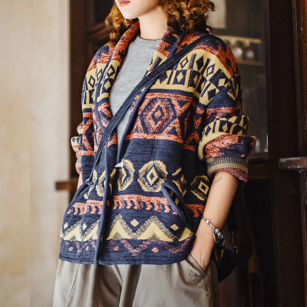 Maden Women's Vintage Navajo Knit Cardigan Sweater Toggle Coat V-neck Loose Fit Retro Patterned Knitwear Outerwear for Autumn