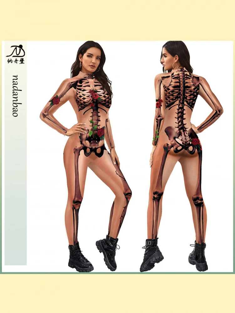 

loween Skeleton Rose Digital Print Bodysuit Long Sve Cosplay Suit Women's Tight-Fit One-Piece Suit Medium Waist Long Pants