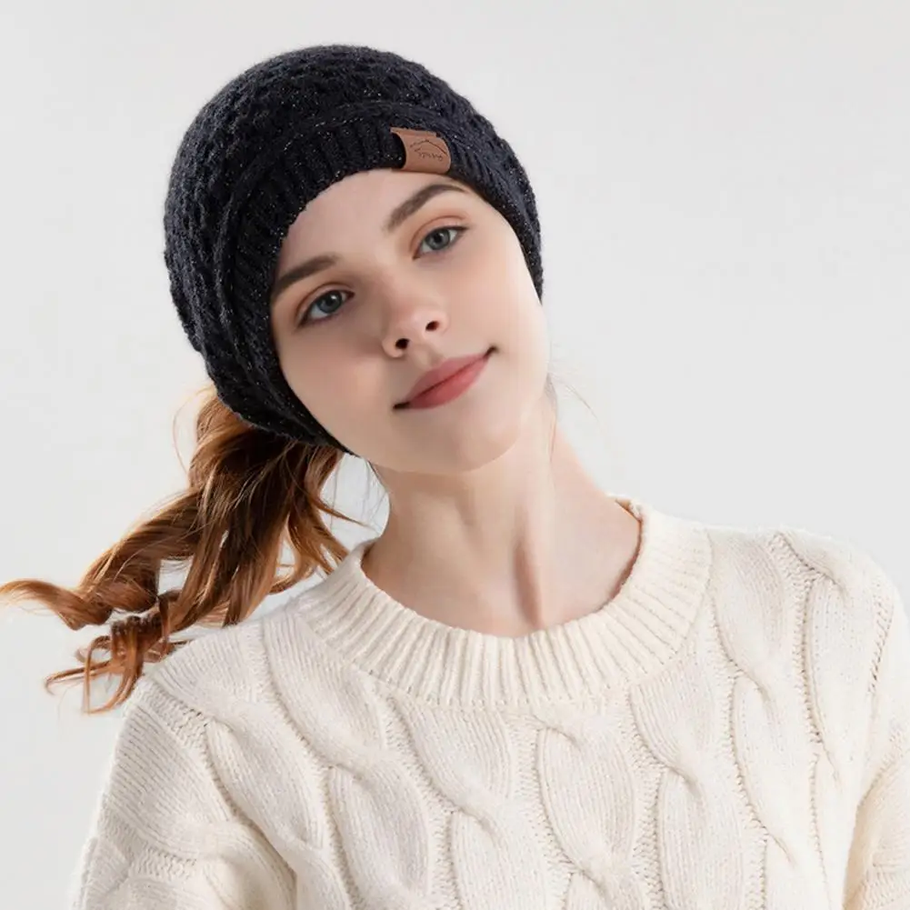 Solid Color Winter Cap Cozy Knitted Women's Ponytail Beanie for Outdoor Activities Warm Ear Hat for Camping Travel