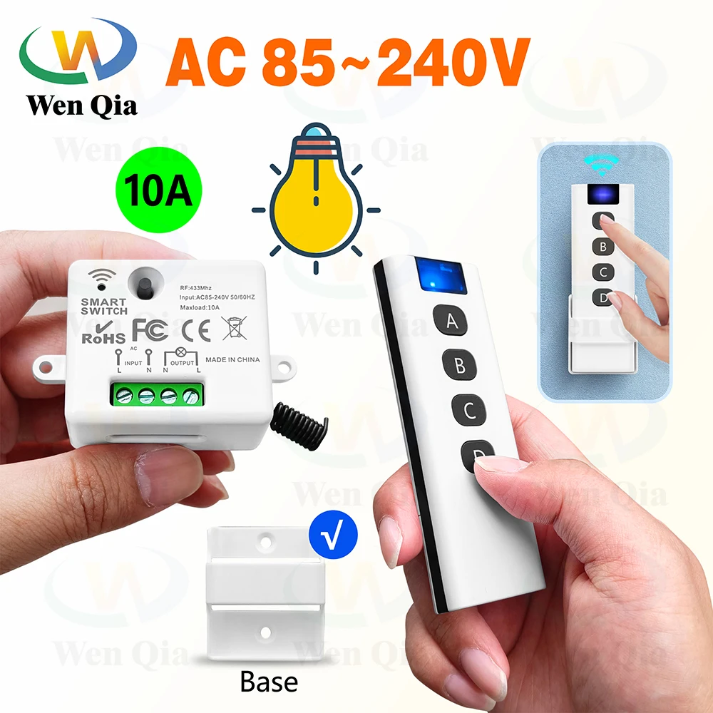 433MHz 110V 220V  Wireless Remote Control Light Switch,50m Control Range Transmitter,10A RF Mini Relay Module,for LED Fan ON OFF