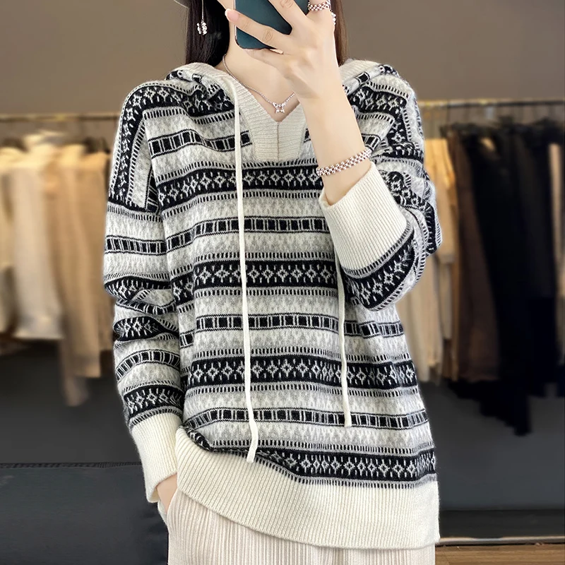 

Pullover, sweater, women's knitted new 23 hooded women's 100% wool sweater, loose and comfortable in autumn and winter