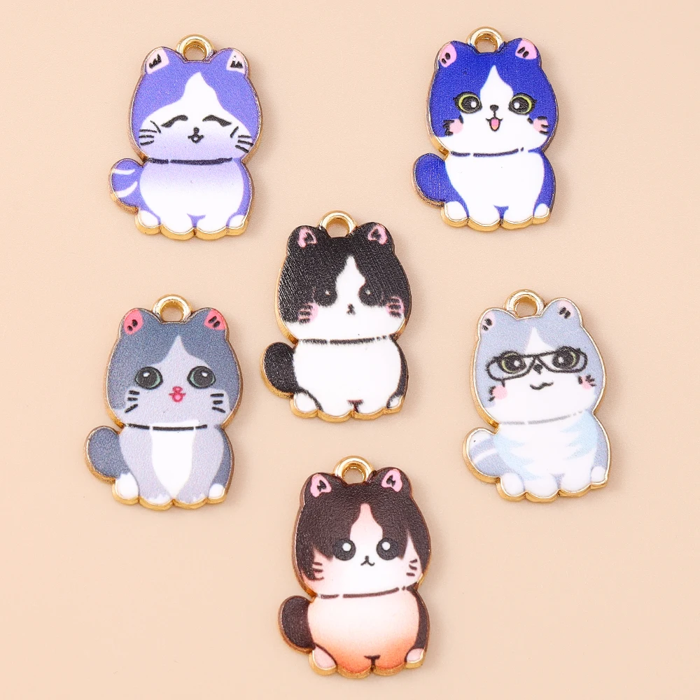 Leslie 10 Stück Cartoon-Emaille-Katzen-Charms, niedliche goldfarbene Metall-Tierkatzen-Anhänger für DIY-Halsketten, Armbänder, Schmuckherstellung – Detail 4