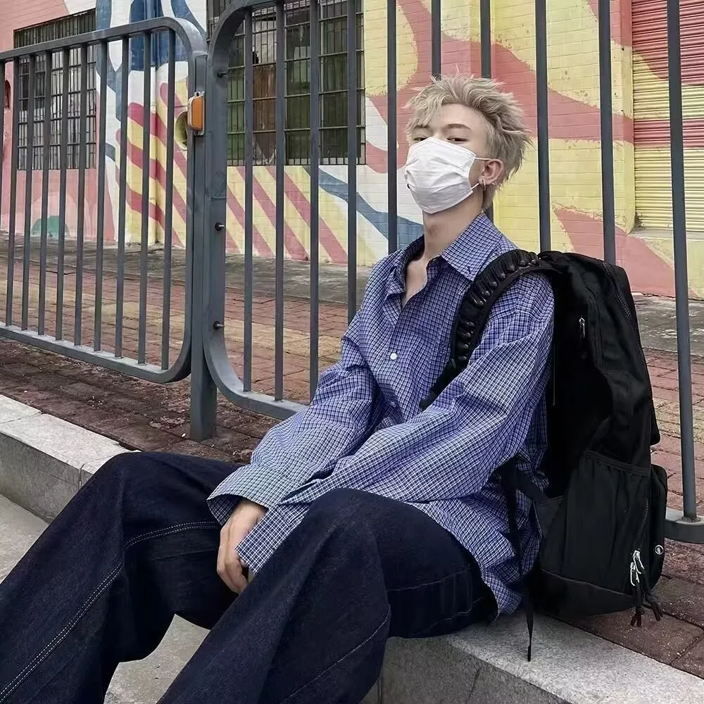 

Мужская рубашка свободного кроя в клетку, повседневная, с длинным рукавом, в винтажном стиле, из полиэстера, для весны и осени, для молодых мужчин