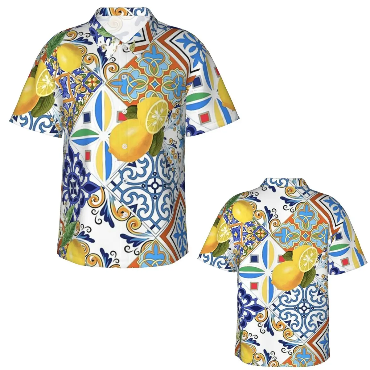 Mediterranean Tiles And Lemon Hawaiian Shirts Fashion Men Short Sleeve Shirt for Summer Beach Men's Lapel Tops
