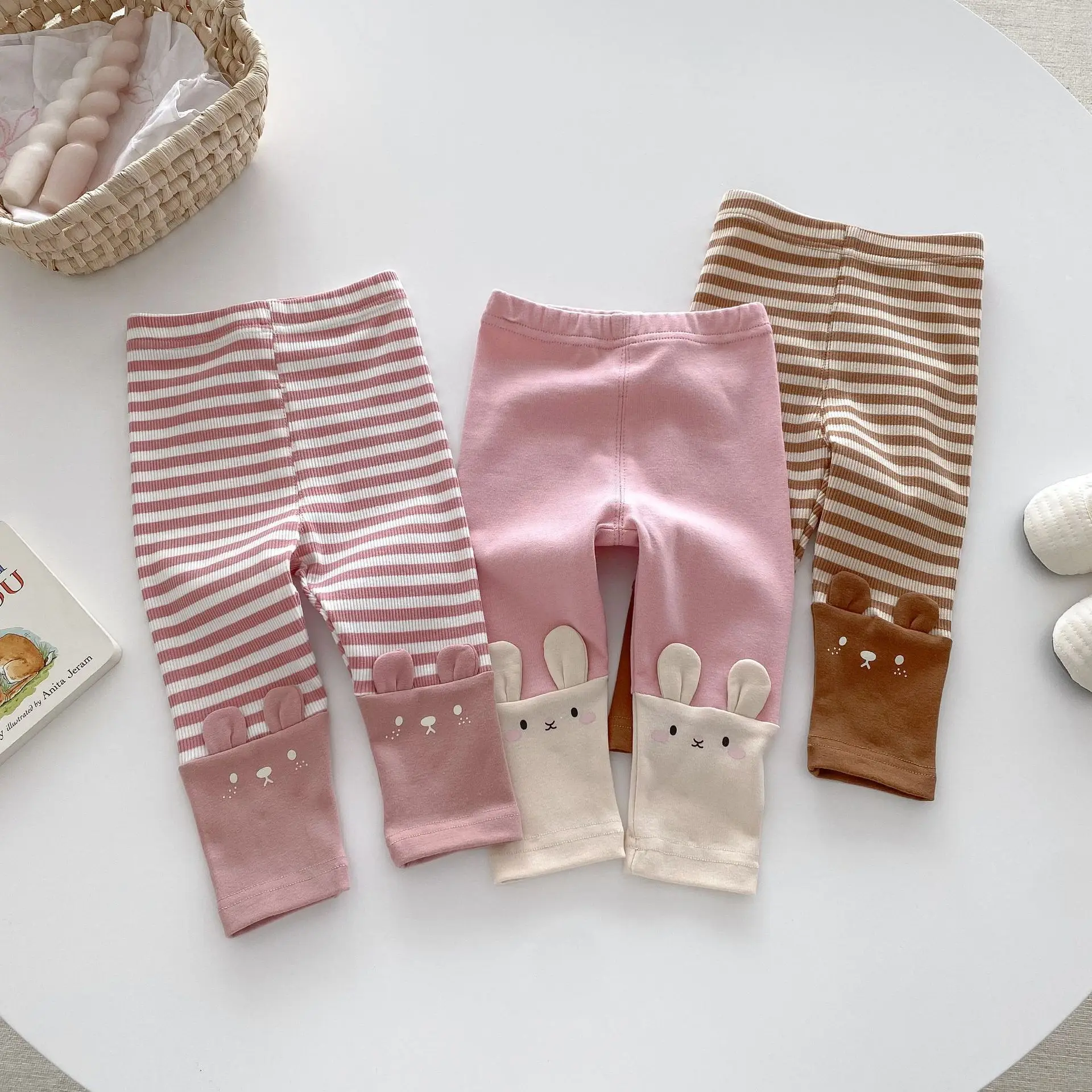 0-5Y Girls Spring Autumn Leggings Striped Patchwork Cartoon Rabbit Kids Girls Tight Pants Casual Cotton Toddler Girls Cute Pants