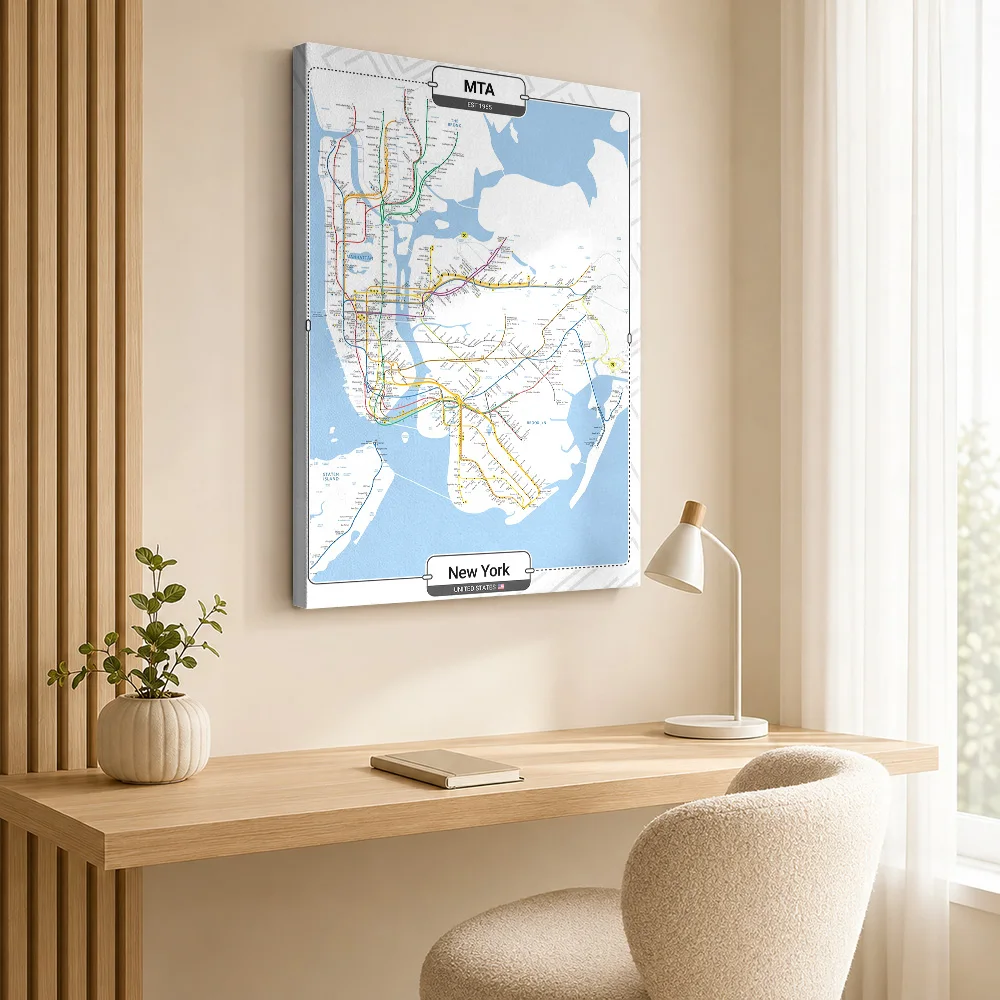 New York Subway Map Wood Framed Canvas Print Personalized Photo Color Coded Transit Diagram Wall Art For Study Birthday Gift