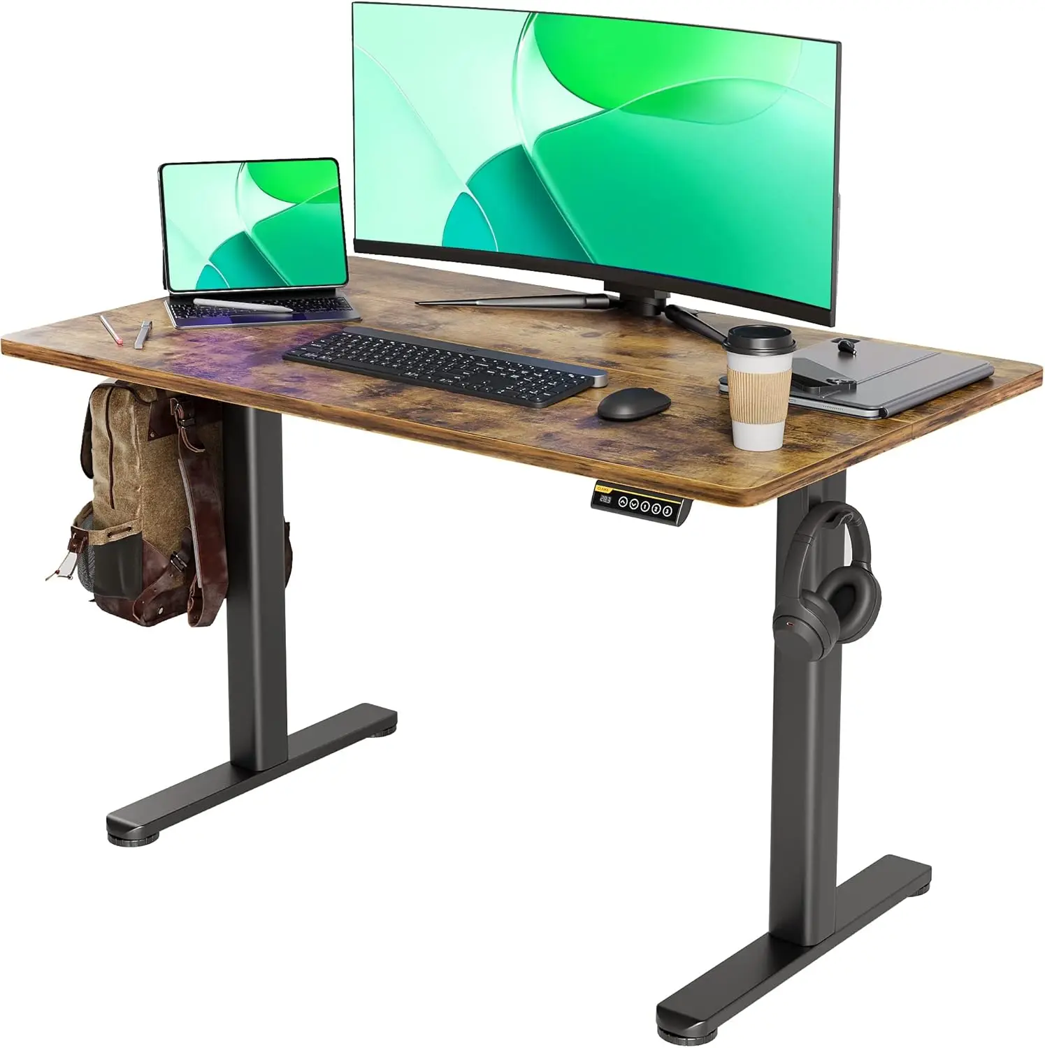 Adjustable Height Stand up Desk, 24x48 Inches Sit Stand Home Office Desk with Splice Board, Black Frame/Rustic Brown Top