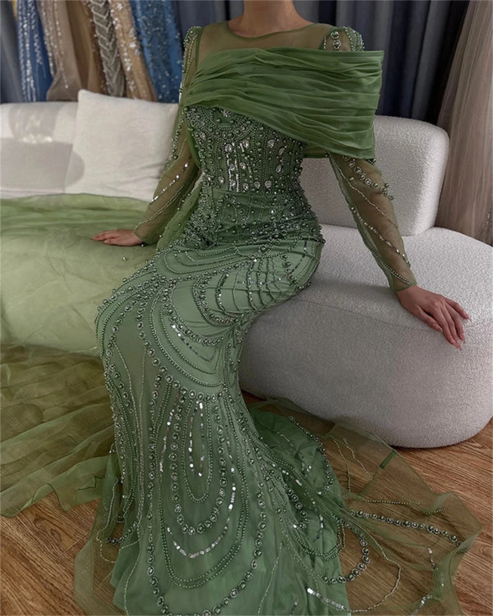 Sukienka wieczorowa z tiulu w stylu syreny, klasyczna, z odkrytymi ramionami, długie rękawy, sukienki na powrót do szkoły, eleganckie suknie na specjalne okazje.