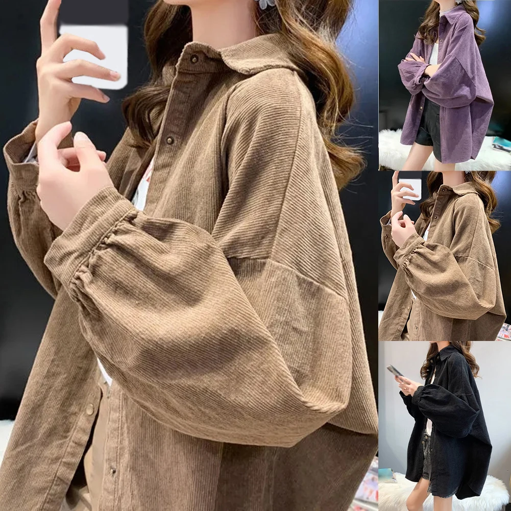 

Women Shirts Solid Retro Harajuku Corduroy Simple Turn-down Collar Female Cloth