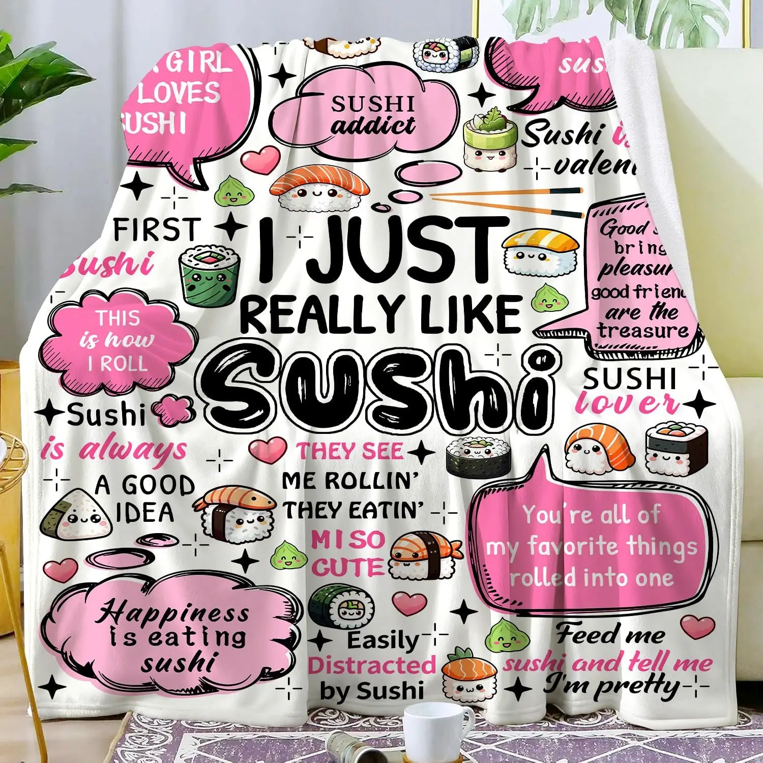 Sushi Lover Blanket Throw Cute Plush Cozy Home Decor Japanese Snack Gift for Living Room Autumn Spring Cozy Decor