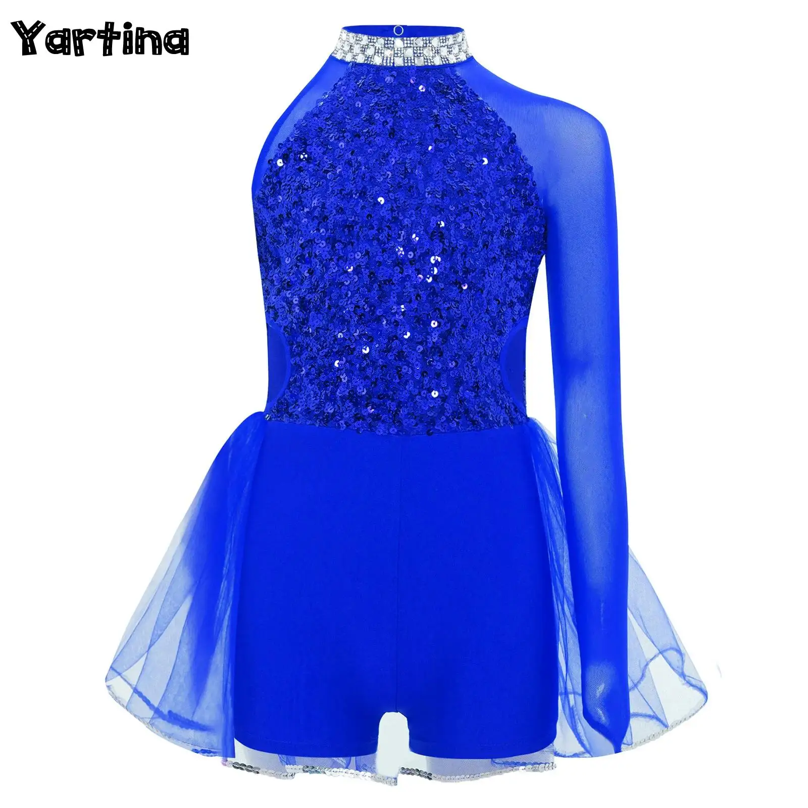 

Kids Girls Gymnastics Skating Ballet Jazz Dance Performance Costume Sparkly Sequins Bodice Tulle Skirted Leotard Jumpsuit Dress