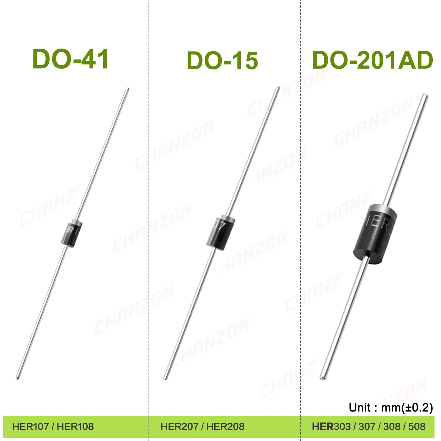 HER107 HER108 HER207 HER208 HER303 HER307 HER308 HER508 High Efficiency Rectifier Diode DO-15 DO-41 DO-201AD Axial 50-70ns