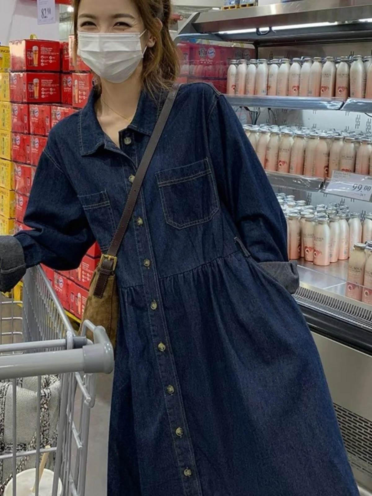 한국 스타일 하이웨이스트 긴팔 데님 원피스 여성 봄 가을 신상 슬림 빈티지 무릎 아래 스커트 면 00%