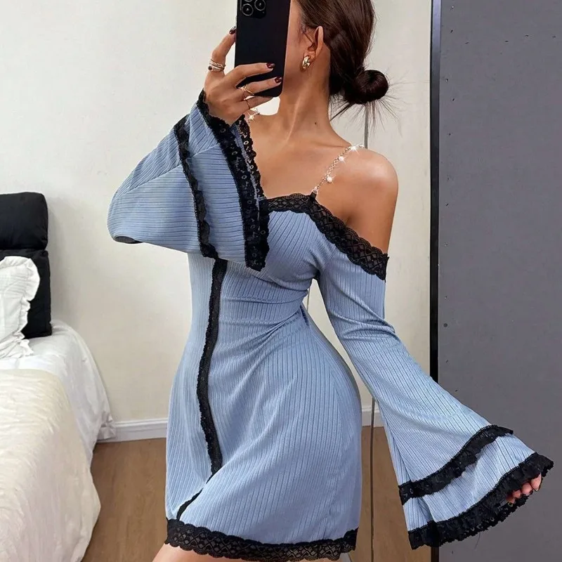 SURI Women Chain Spaghetti Strap Bell Long Sleeve Mini Babydoll Nightwear Dress Nightdress Slim Fit Lace Trim Pearl Metal
