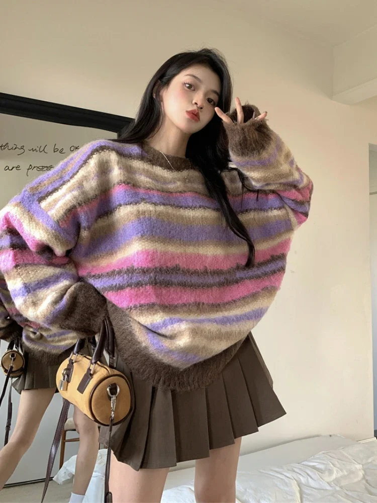 Women Sweaters Colorful Baggy Slouchy American Style Daily Warm Spicy Girls Temperament All-match Stretchy Blocking Pullovers