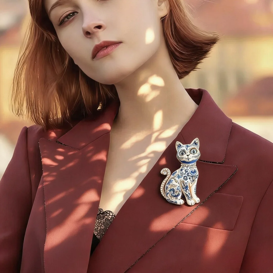 Elegante Vintage-Katzenbrosche, zweifarbig, mit Emaille und Strasssteinen, bemaltes Tiermotiv, geeignet für Damen und Herren, für Büro und Partys. – Detail 2