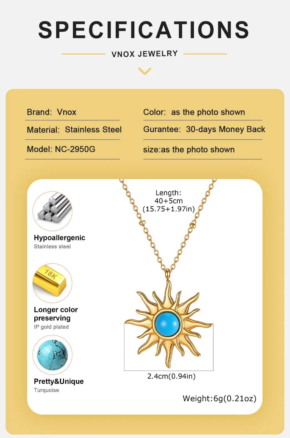 Vnox vergoldete blaue Türkis-Sonnenstern-Anhänger-Halskette für Damen, Edelstahl-Hexagramm-Schlüsselbeinkette, böhmischer Schmuck – Detail 4