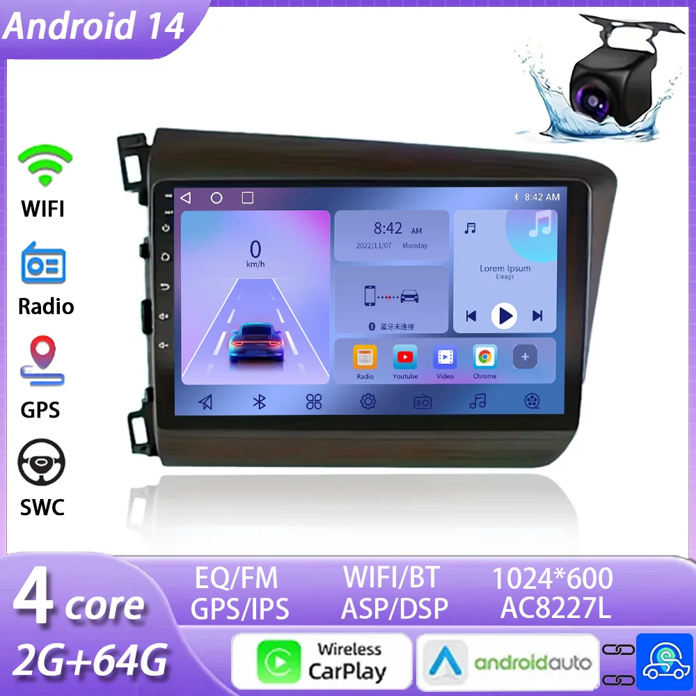 

9" 2 Din Android 14 Car Radio for Honda Civic 2012 2013 2014 2015 Multimedia Player 2din Carplay Stereo GPS DVD DSP AHD