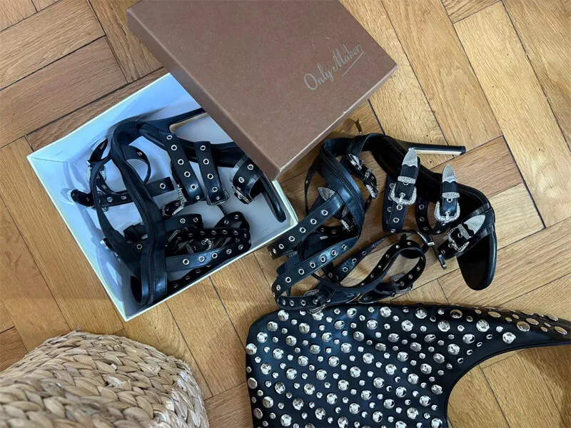 Onlymaker Women Round Toe Hollow Buckle Starp Thigh Stiletto Sandals Ankle Strap Zipper Gladiator Buckle Sandals