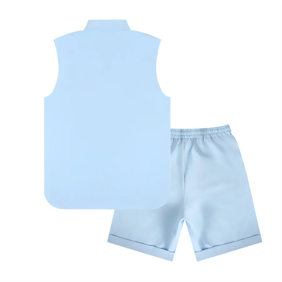 New Summer 2 piece Casual Everyday men's lapel tank shorts Set Hawaiian solid color sleeveless shirt men's beach shorts