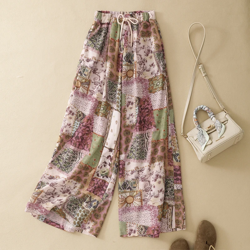 

Artistic Large Size Wide Leg Pants Floral Print Heavy Embroidery Spring Summer New Style Casual Comfortable Cotton Trousers