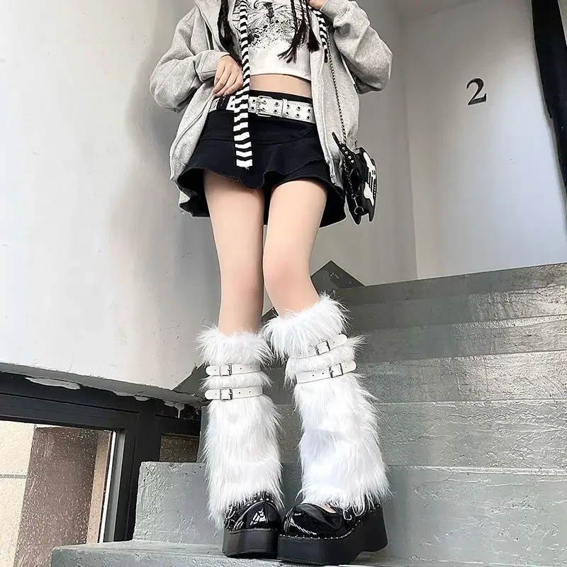 Lady Cute Jk Knee Length Hipster Fashion Furry Leg Warmers Socks Y2K White Faux Fur Leg Warm Sock Warmers Boot Covers