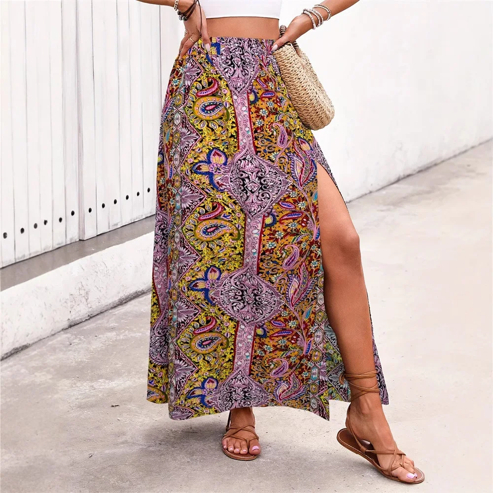 Bohemian Boho Retro พิมพ์ลายดอกไม้กระโปรงผู้หญิงพื้นบ้านอินดี้ฤดูร้อนเอวสูง A-Line จีบกระโปรงยาวสบายๆ Holiday Beach กระโปรง
