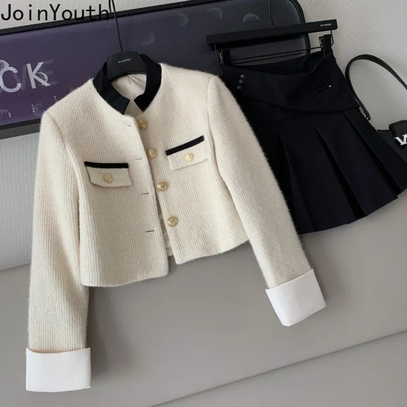 Stand Neck Patchwork Coat donna tunica a maniche lunghe capispalla coreano Crop top giacche coreane Vintage con clic 2024 Ropa Mujer 27 y621