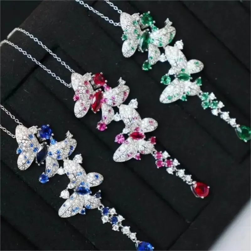 RUIF 2024 Classic Style S925 Silver Green Blue Pink Zircon Earrings And Ring Necklace Women Jewelry Ladies Party Gift