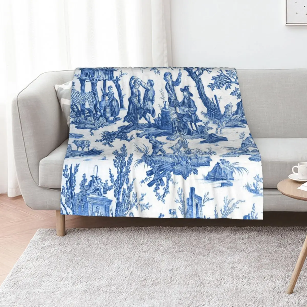 Blue and White Toile de Jouy Throw Blanket Ultra Plush Cozy Blanket for Napping Sleeping