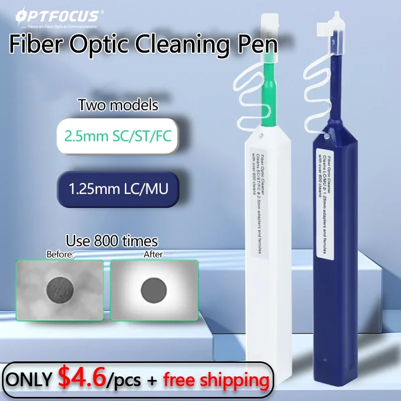 OPTFOCUS-10 unidades de herramientas de limpieza de conectores de fibra, 800 veces, LC SC FC 1,25, 2,5mm, Kit de lápiz limpiador de fibra para adaptador óptico